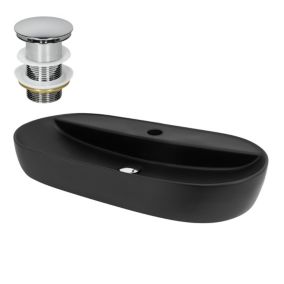 Vasque à poser céramique noir lavabo avec garniture de vidage chrome 800x400 mm