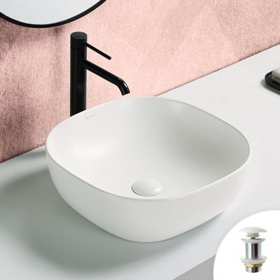 Vasque à poser carrée 41x41cm en céramique blanc mat + bonde pop-up incluse collection ALTANE