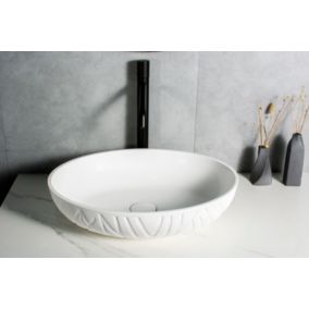Vasque à poser fonte minérale LEO, 50 x 40 x 12 cm, Blanc mat, Sans bonde Pop Up
