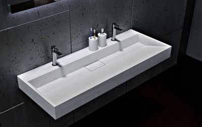 Vasque à poser Lavabo mural en marbre coulé avec 2 trous de robinetterie- Blanc brillant, 120x46x15cm (LxPxH), BS6001