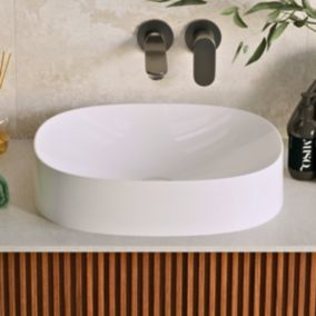 Vasque à poser Minéral Composite Blanc Brillant Ovale L48 x P38 x H11,7, OSCAR LAVABERG by Sanizéo