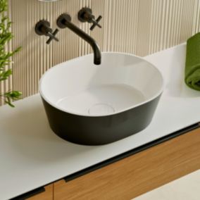 Vasque à poser Minéral Composite Noir/Blanc Brillant Ovale L59,9 x P37,9 x H16,6, KARIN LAVABERG by Sanizéo