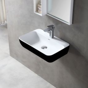 Vasque à poser ou lavabo à suspendre TWG201 en solide surface (Solid Stone) noir/blanc mat 60 x 40 x 14 cm