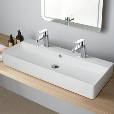 Vasque à poser ou à suspendre double robinet grande taille 110 x 42 cm - Regus