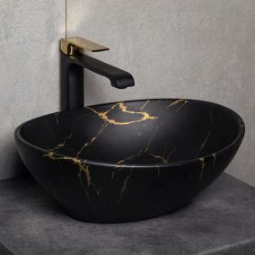 Vasque à poser ovale en ceramique TANDILA noir mat marbre dore 41.5 x 33.5 cm
