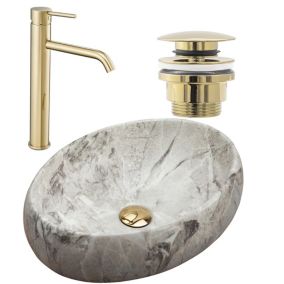 Vasque à poser REA Linda Stone + Robinet de lavabo Lungo Gold + Bonde Gold