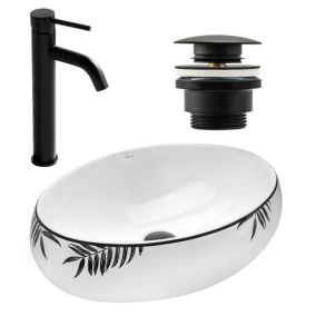 Vasque À Poser Rea Shila Black + Robinet De Lavabo Lungo High Black + Bonde Black Matt