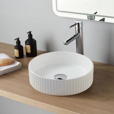 Vasque à poser ronde diamètre 36 cm - Blanc brillant - finition cannelée - Ania