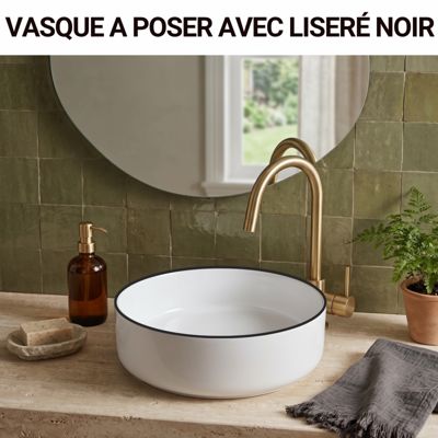 Vasque à poser ronde diamètre 36 cm - Liseré noir - Rebords fins - Adina