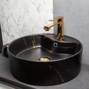 Vasque à poser ronde en ceramique TANZA noir mat marbre dore diam46 cm