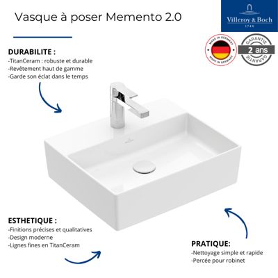 Vasque à poser VILLEROY ET BOCH Memento 2.0 blanc avec trop plein 50 x 42 cm