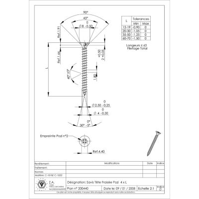 VBA Vis bois agglo Tête fraisée Pozi numéro 2 4X15 Filetage total Acier zingué - 1 pièce