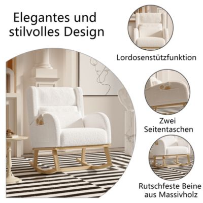 Velours d'agneau Fauteuil à Bascule, Fauteuil à Accoudoirs avec poche latérale, Chaise a Bascule Allaitement, Blanc