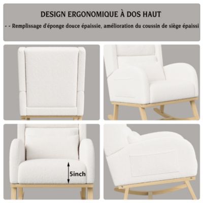 Velours d'agneau Fauteuil à Bascule, Fauteuil à Accoudoirs avec poche latérale, Chaise a Bascule Allaitement, Blanc