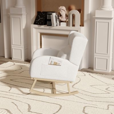 Velours d'agneau Fauteuil à Bascule, Fauteuil à Accoudoirs avec poche latérale, Chaise a Bascule Allaitement, Blanc