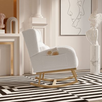 Velours d'agneau Fauteuil à Bascule, Fauteuil à Accoudoirs avec poche latérale, Chaise a Bascule Allaitement, Blanc