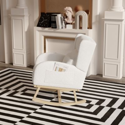 Velours d'agneau Fauteuil à Bascule, Fauteuil à Accoudoirs avec poche latérale, Chaise a Bascule Allaitement, Blanc