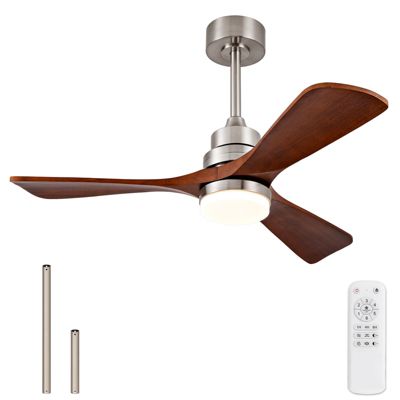 Ventilateur de plafond bois 42" avec LED, télécommande, finition nickel satiné et bois foncé