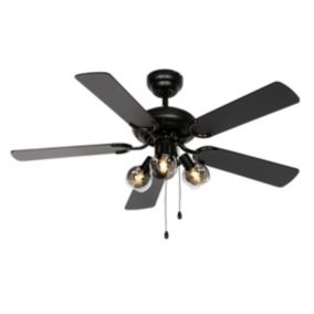 Ventilateur de plafond noir avec bois et interrupteur à tirette 3 lumières - Mistral Vidro