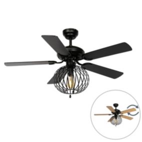 Ventilateur de plafond noir avec bois et interrupteur à tirette - Mistral Johanna