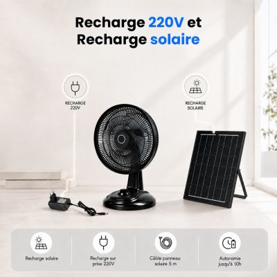 Ventilateur de Table Solaire Silencieux - 3 Vitesses - Recharge USB et Solaire - Autonomie 10h - Compact Portable - Groupe DDC