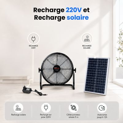 Ventilateur de Table Solaire Silencieux - 3 Vitesses - Recharge USB et Solaire - Autonomie 12h - Compact Portable - Groupe DDC