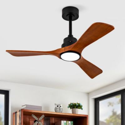Ventilateur plafond 107cm lumineux 3 pales bois, double commande mur/télécommande, CC réversible silencieux mémoire