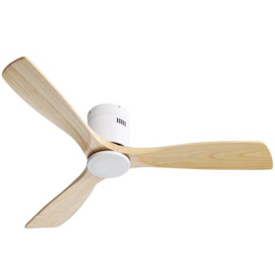 Ventilateur plafond 52" bois naturel, 3 pales bois massif, moteur DC silencieux réversible, télécommande. Idéal salon