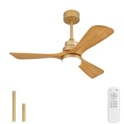 Ventilateur plafond bois 107cm 3 pales finition or, lumière télécommande, intérieur extérieur patio salon maison campagne