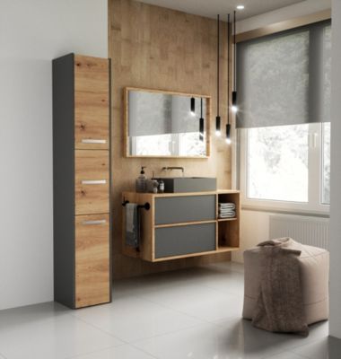 VERONA - Armoire colonne de salle de bain - 170x30x30 cm - ANTHRACITE & CHÊNE