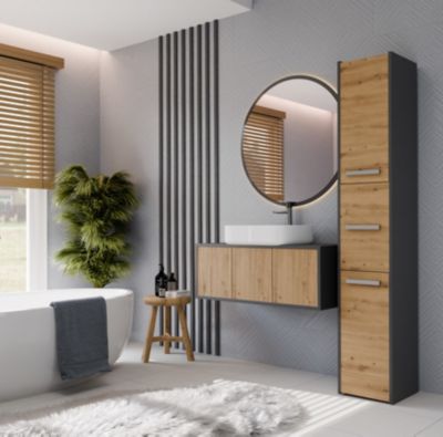 VERONA - Armoire colonne de salle de bain - 170x30x30 cm - ANTHRACITE & CHÊNE