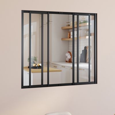 Verrière atelier coulissante 4 vitrages L. 120 x H.108 cm en métal noir et verre trempé