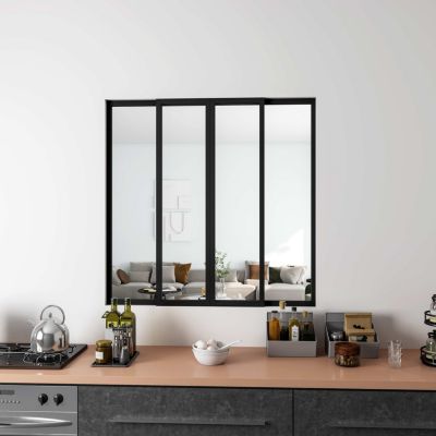 Verrière Atelier Coulissante en Aluminium Noir- L123xH108cm,4 Panneaux en 4mm Verre Trempé,Séparation Élégante Cuisine/Salon