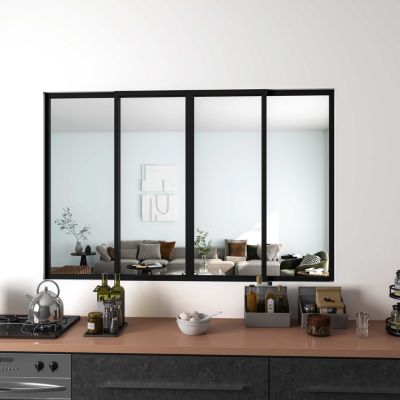 Verrière Atelier Coulissante en Aluminium Noir- L183xH108cm,4 Panneaux en 4mm Verre Trempé,Séparation Élégante Cuisine/Salon