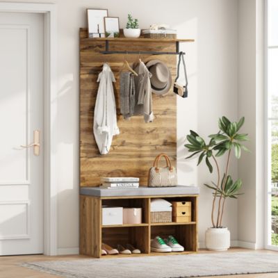 Vestiaire d'entrée avec Banc à Chaussures, Étagère Ajustable et Barre de Vêtements, Panneau de Particules - Naturel - 84x35x175 cm