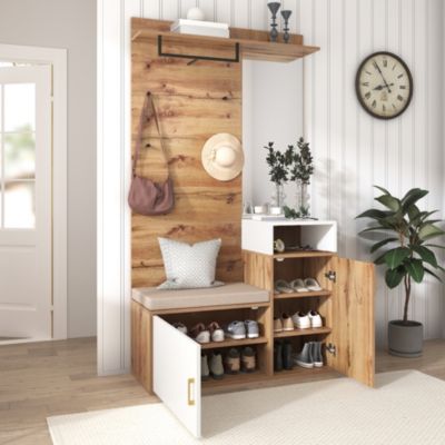 Vestiaire d'entrée avec Miroir, Banc et Patère - Armoire à Chaussures - Panneau de Particules et MDF - Blanc et Bois