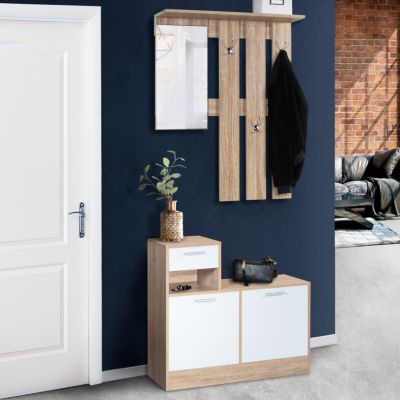 Vestiaire d'entrée avec miroir PAULIN design hêtre portes blanches
