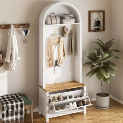 Vestiaire d'entrée avec Patères et Étagères - Meuble d'entrée Tout-en-Un en MDF, Blanc+Naturel, 75x35x195 cm