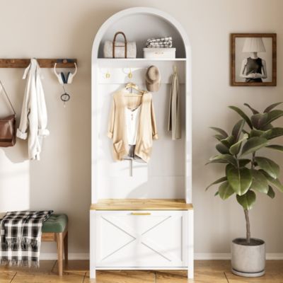 Vestiaire d'entrée avec Patères et Étagères - Meuble d'entrée Tout-en-Un en MDF, Blanc+Naturel, 75x35x195 cm