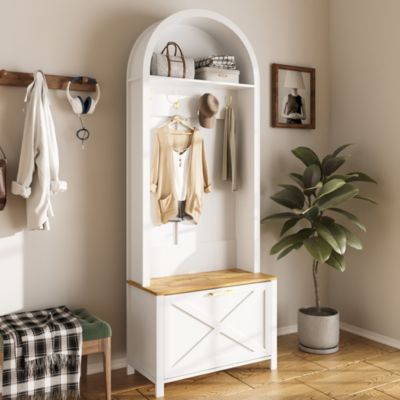 Vestiaire d'entrée avec Patères et Étagères - Meuble d'entrée Tout-en-Un en MDF, Blanc+Naturel, 75x35x195 cm