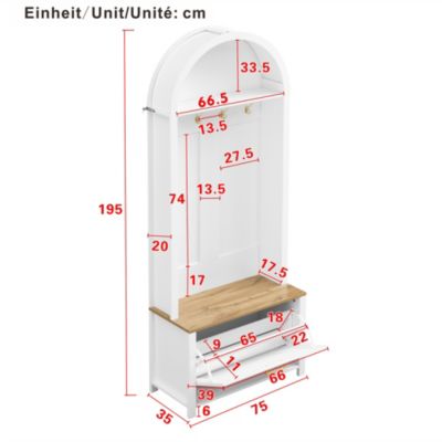 Vestiaire d'entrée avec Patères et Étagères - Meuble d'entrée Tout-en-Un en MDF, Blanc+Naturel, 75x35x195 cm