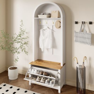 Vestiaire d'entrée avec Patères et Étagères - Meuble d'entrée Tout-en-Un en MDF, Blanc+Naturel, 75x35x195 cm