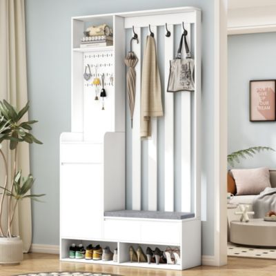 Vestiaire d'Entrée - Banc Rembourré, 4 Crochets Et Rangement Chaussures, Panneau Mural, Design Moderne, Blanc, H180/B100/T35 cm