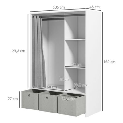 Vestiaire d'entrée - barre de penderie, 3 niches, 3 tiroirs tissu, rideau - panneaux blanc polyester lin gris clair