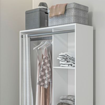 Vestiaire d'entrée - barre de penderie, 3 niches, 3 tiroirs tissu, rideau - panneaux blanc polyester lin gris clair