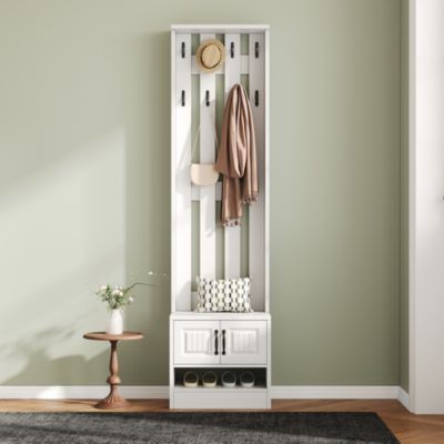 Vestiaire d'entrée Blanc avec Banc, 2 Portes et Patères, Meuble d'entrée Multifonction avec Espace de Rangement - 50x36x190 cm
