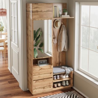 Vestiaire d'entrée Compact avec Miroir, Crochets et Banc de Chaussures, en MDF, Bois Naturel, 90x34.5x190 cm
