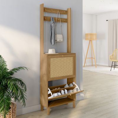 Vestiaire d'entrée HANAE meuble chaussures 2 portes effet naturel cannage