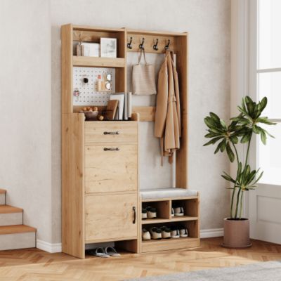 Vestiaire d'entrée moderne 108.5x35x180cm - 1 tiroir et et 2 portes - avec banc à chaussures et meuble à chaussures - Naturel
