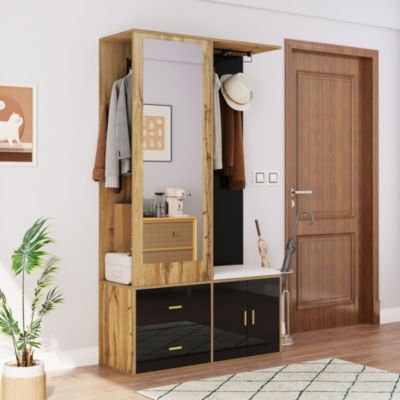 Vestiaire d'entrée Moderne avec Miroir, Banc à Chaussures, Penderie et Rangements Intégrés, Noir et Naturel, 100x38x180 cm